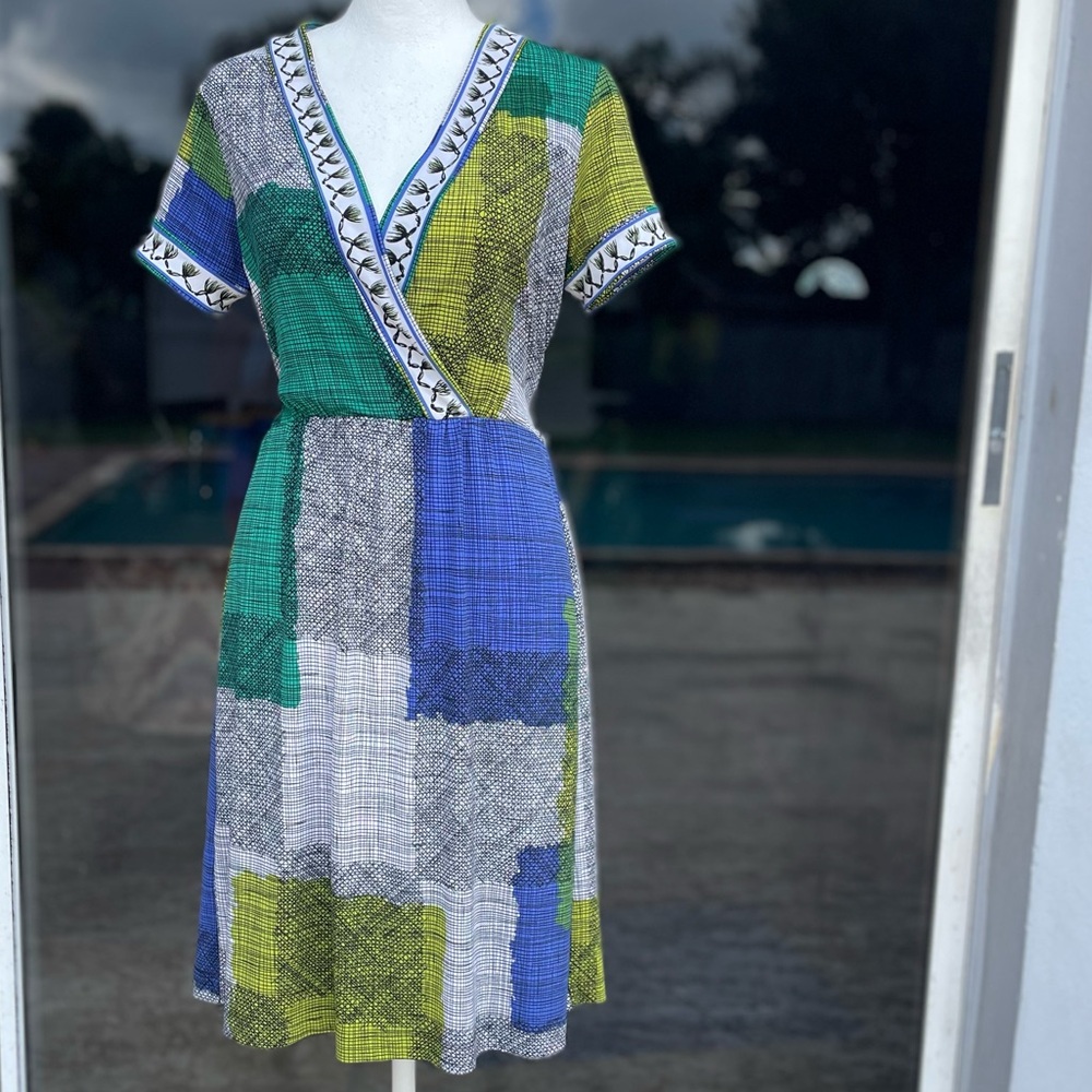 BCBG Max Azria Blue Colorful Patchwork V-Neck Dress